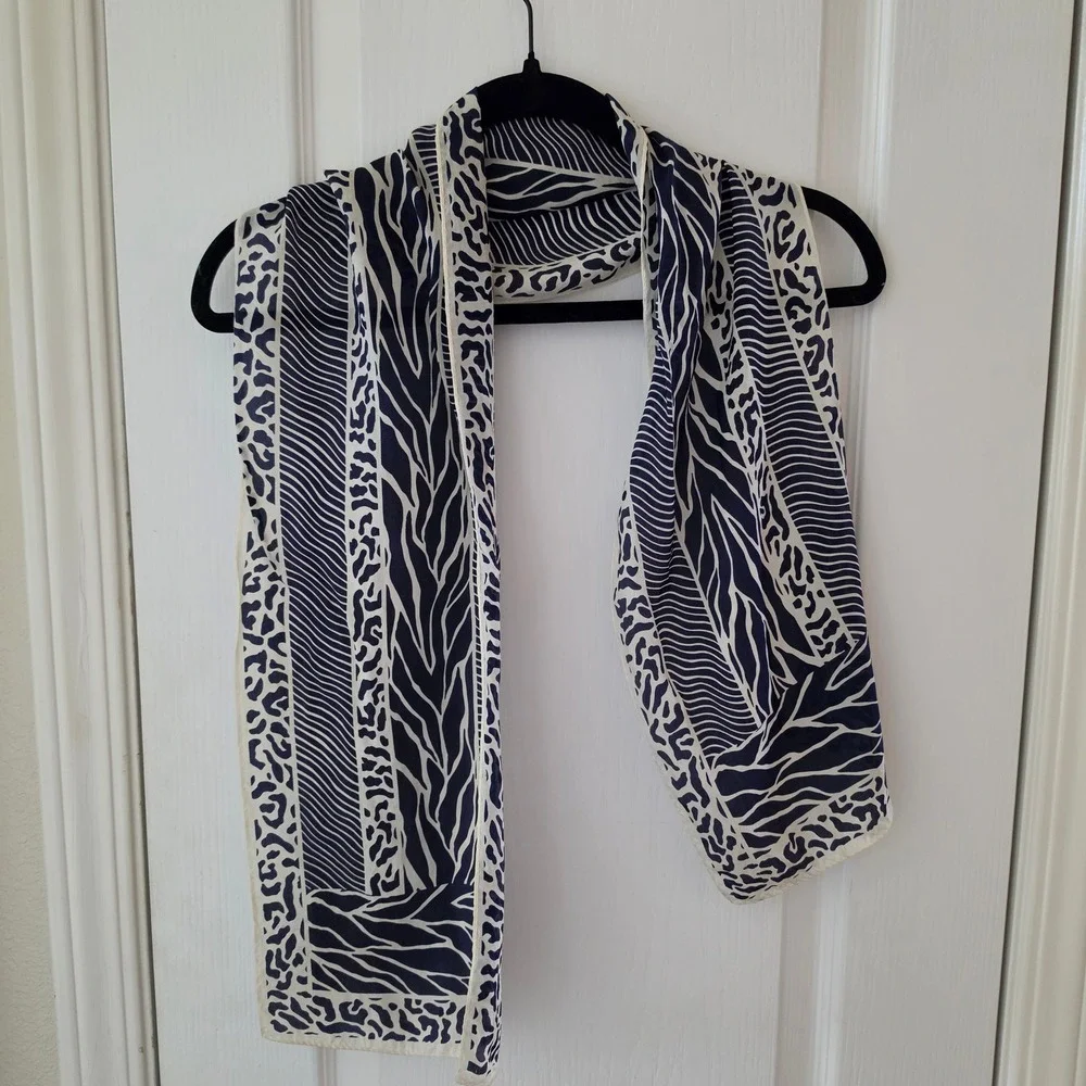 Honey Silk Scarf Navy Blue Cream Animal Print Zebra Leopard 10x52